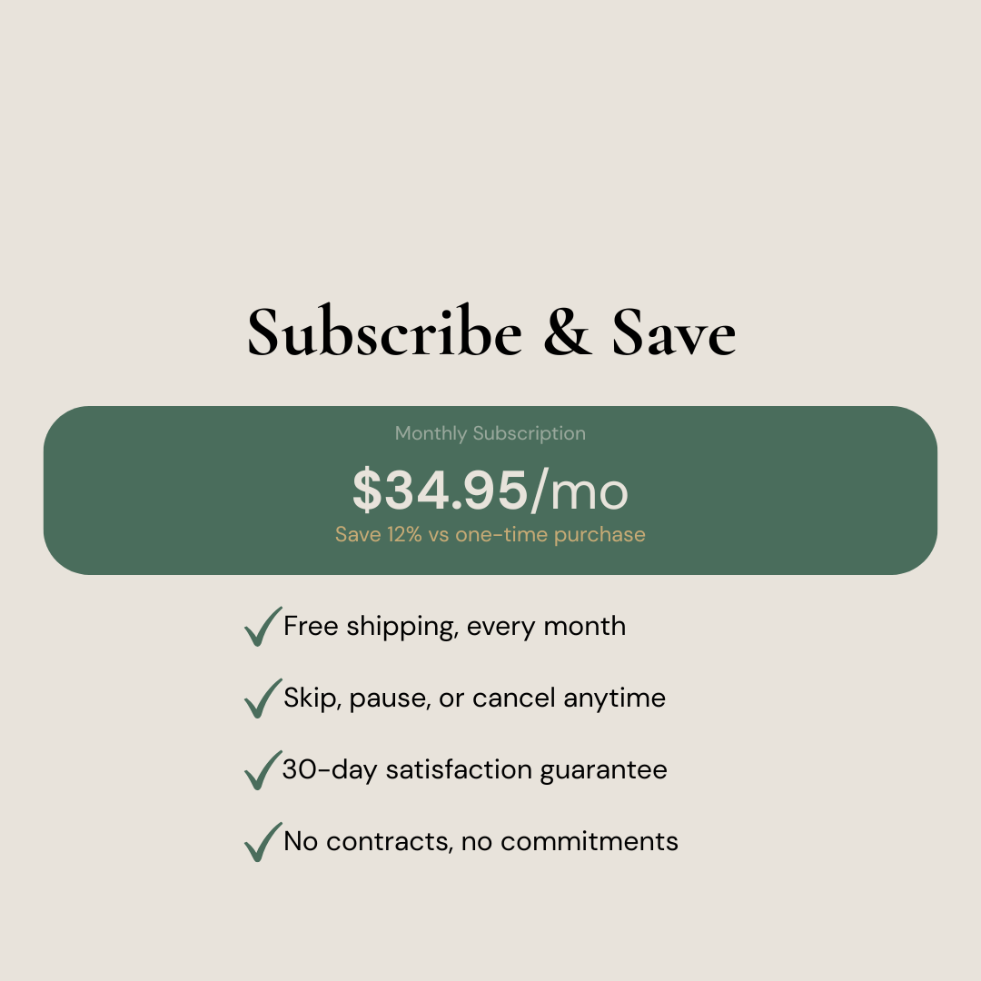 Nouri Daily Essentials subscribe and save $34.95 per month – free shipping, cancel anytime, 30-day satisfaction guarantee, no contracts