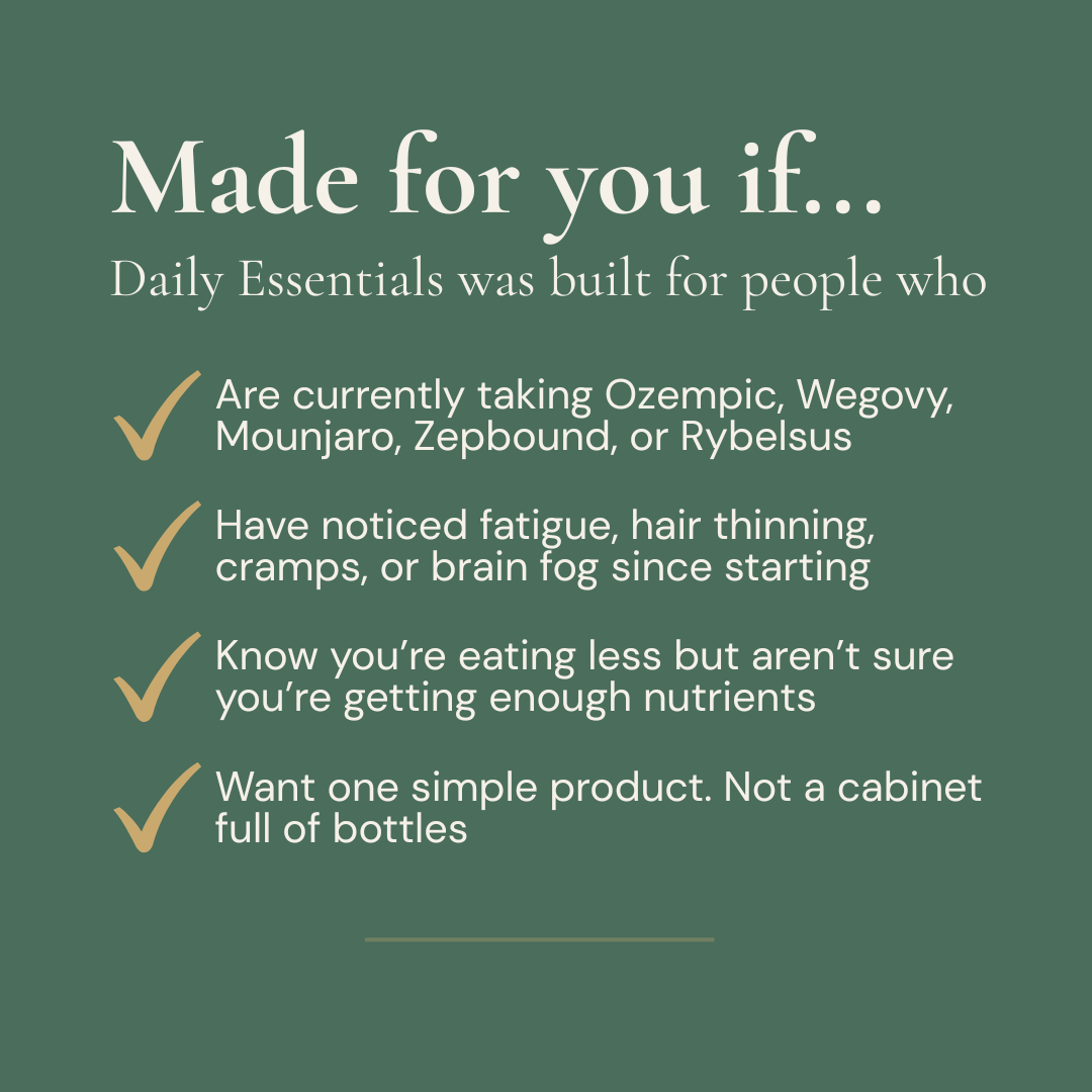 Nouri Daily Essentials made for people taking Ozempic, Wegovy, Mounjaro or Rybelsus experiencing fatigue, hair thinning or nutrient gaps