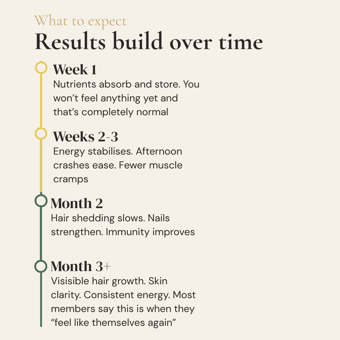 Nouri Daily Essentials results timeline – Week 1 nutrient absorption, Weeks 2-3 energy stabilises, Month 2 hair shedding slows, Month 3 visible hair growth and skin clarity