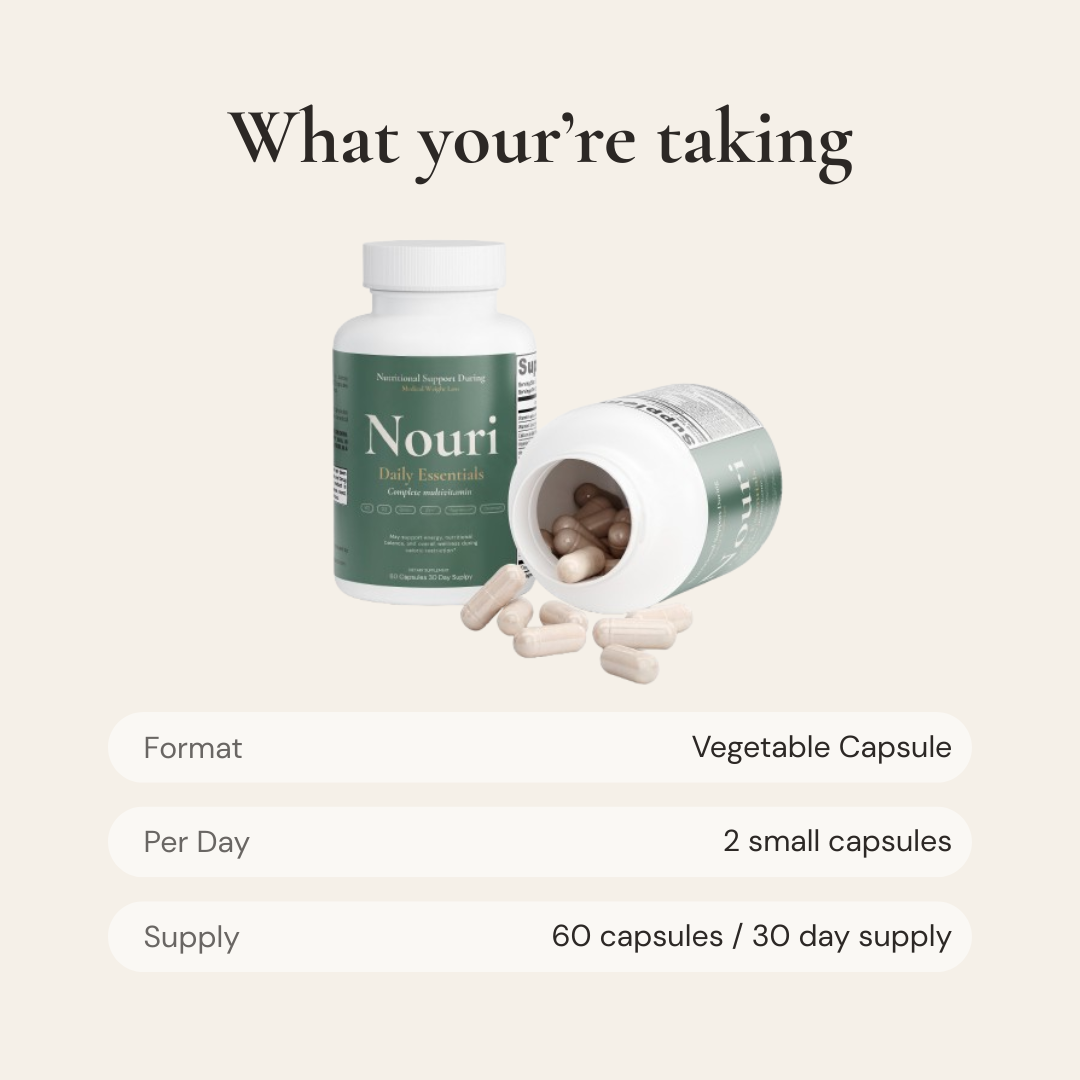 Nouri Daily Essentials vegetable capsules – 2 small capsules per day, 60 capsules for a 30 day supply of GLP-1 multivitamin support