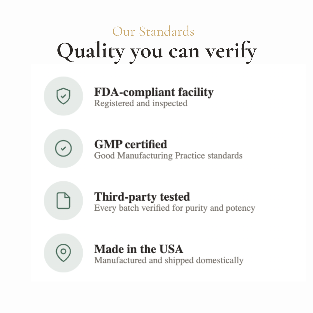 Nouri quality standards – FDA-compliant facility, GMP certified, third-party tested every batch, made in the USA for verified purity and potency
