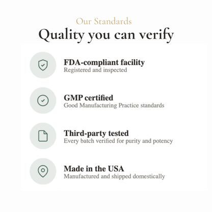 Nouri quality standards – FDA-compliant facility, GMP certified, third-party tested every batch, made in the USA for verified purity and potency
