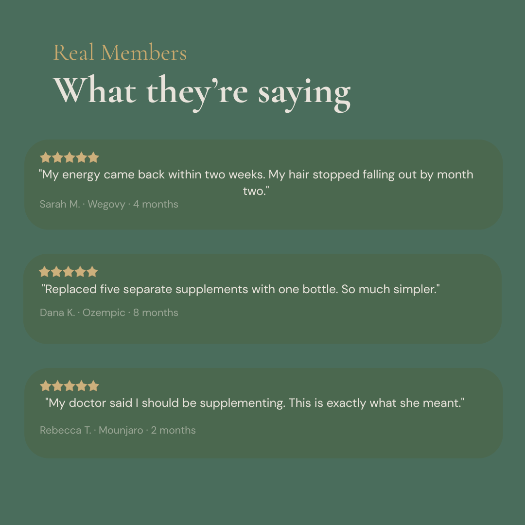5-star Nouri Daily Essentials customer reviews from real Ozempic, Wegovy and Mounjaro users reporting improved energy, reduced hair loss and simpler supplementing
