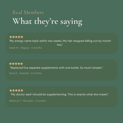 5-star Nouri Daily Essentials customer reviews from real Ozempic, Wegovy and Mounjaro users reporting improved energy, reduced hair loss and simpler supplementing