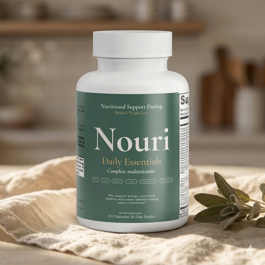 Nouri Daily Essentials complete multivitamin supplement bottle for GLP-1 medication users – Ozempic, Wegovy and Mounjaro support